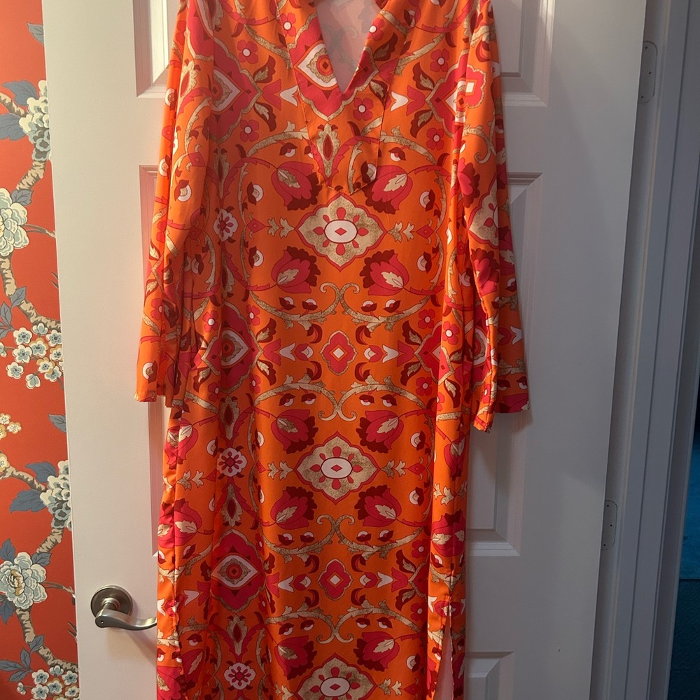 Vibrant Orange/Pink Floral Dress with pockets! Never worn!